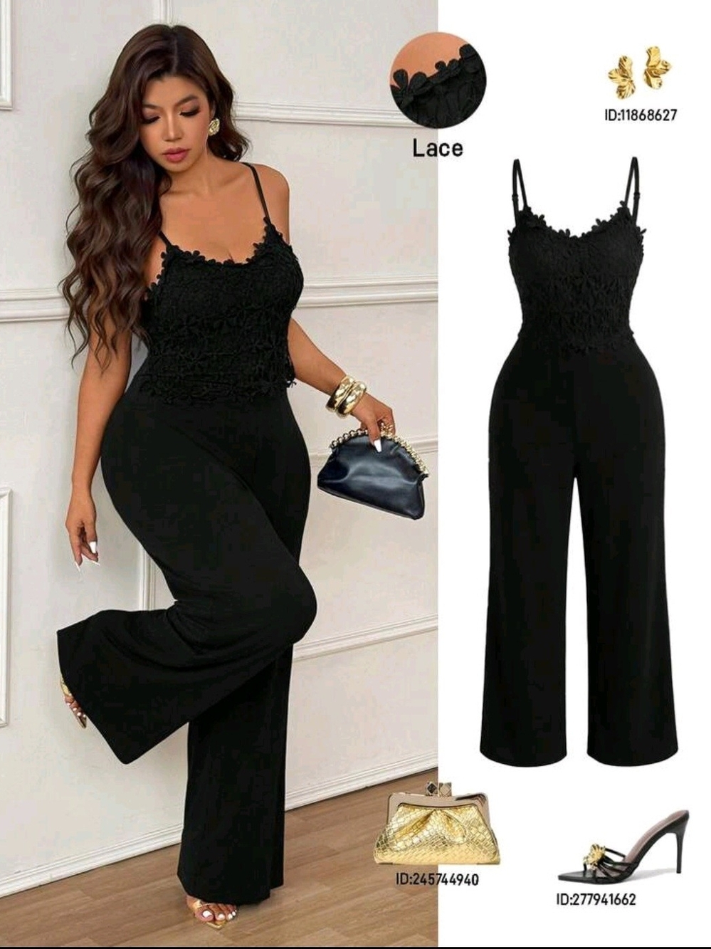 Lace-Trim Black Wide-Leg Jumpsuit